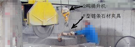 2噸提升機與F型鏈條夾具配合切割搬運大理石作業現場--河北東圣吊索具制造有限公司--石材夾具